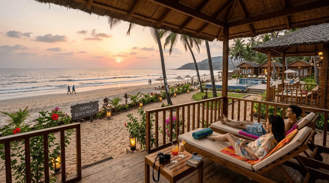 Sea-view deck of a beach resort cottage in Dapoli at sunset