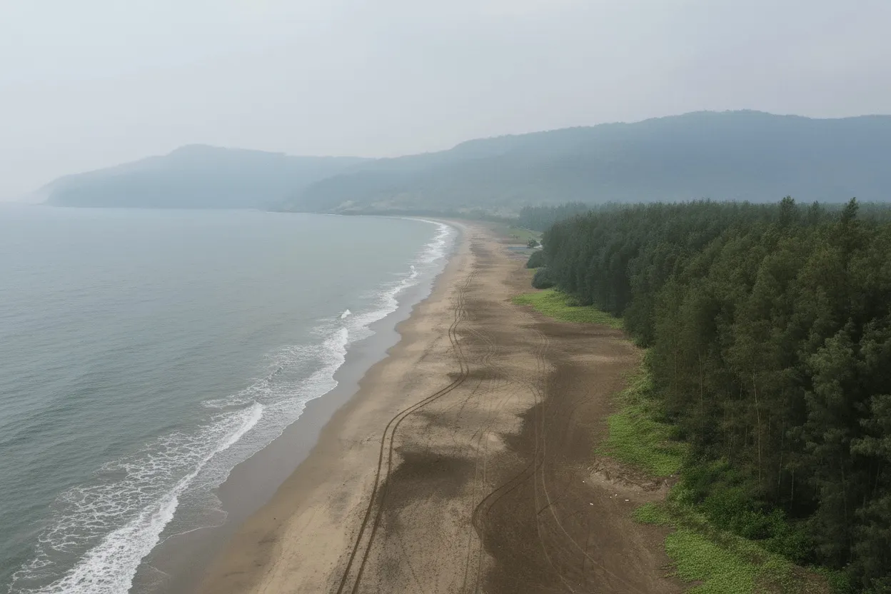 Aerial view of the long, empty Kelshi Beach lined with casuarina forest