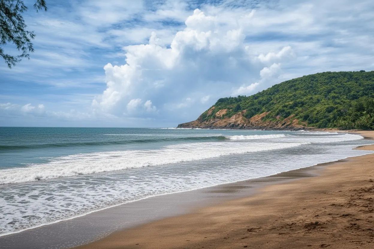 Waves rolling onto the secluded golden sand of Kolthare Beach