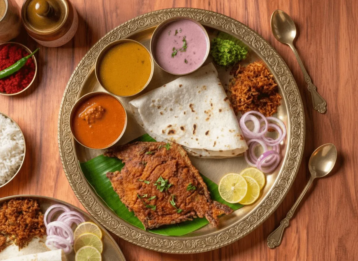 Konkani fish thali with surmai fry, curry, bhakri and solkadhi