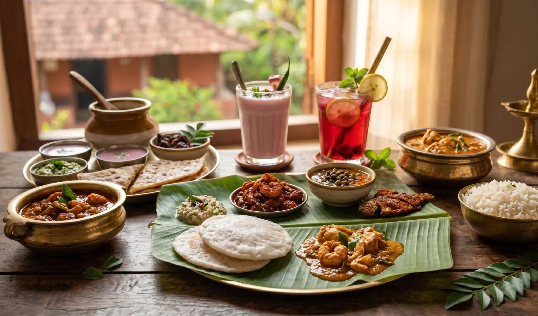 A spread of Konkani dishes on banana leaves