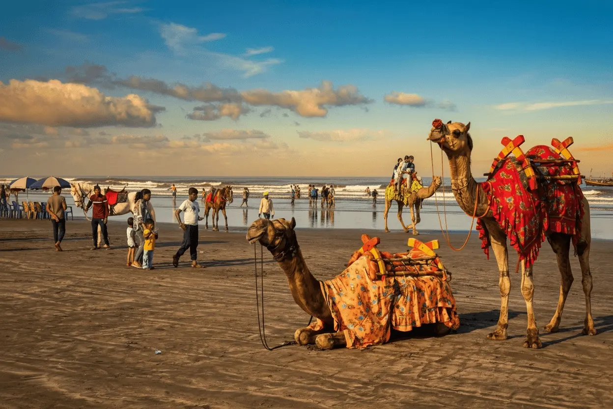 Decorated camels waiting for riders on Ladghar Beach