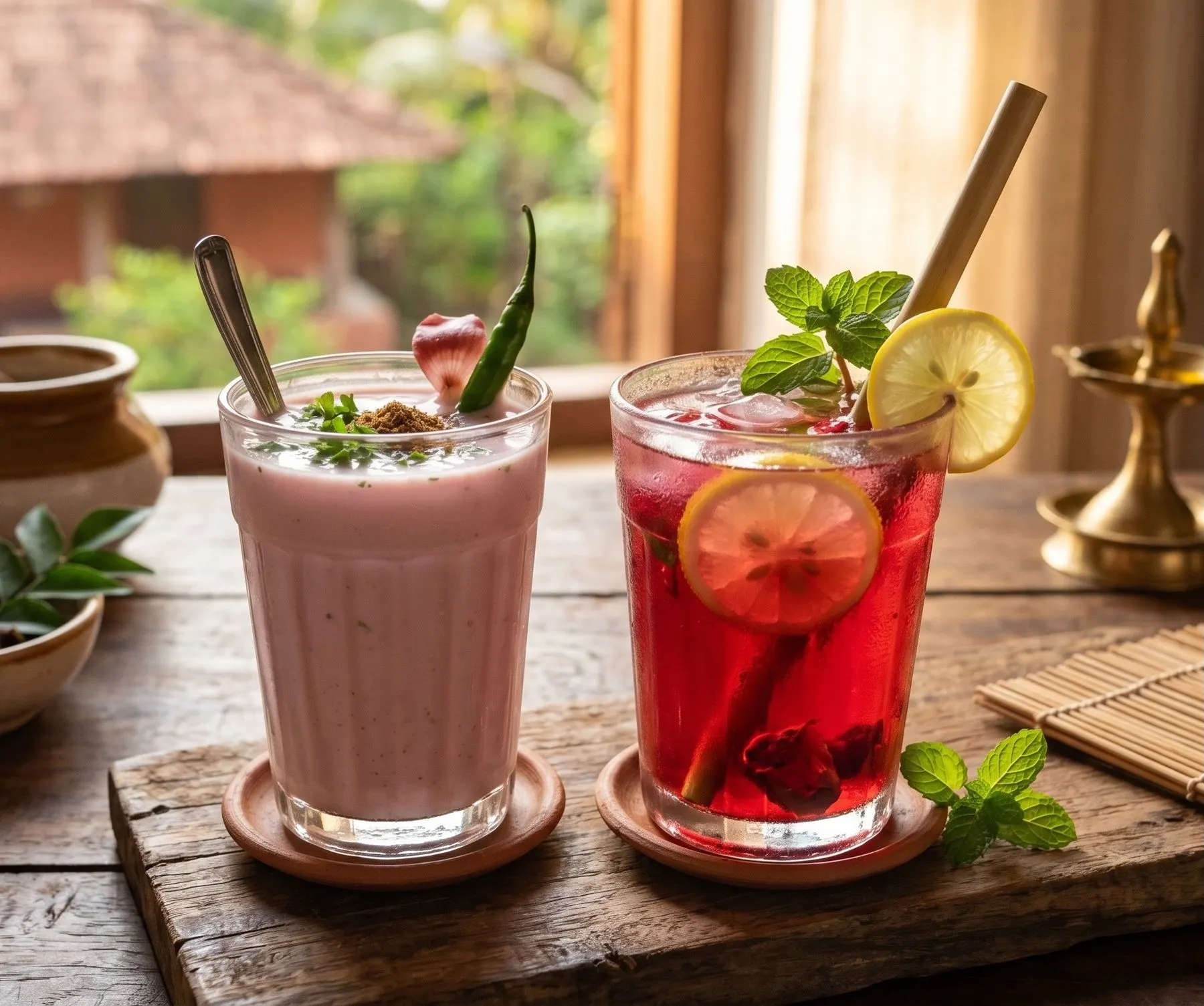 Glasses of pink solkadhi and red kokum sharbat on a wooden table