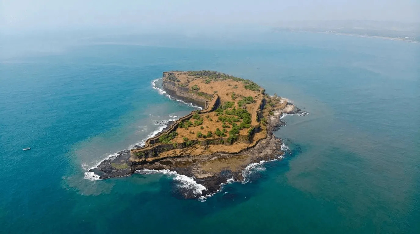 Aerial view of the island sea fort of Suvarnadurg off Harnai