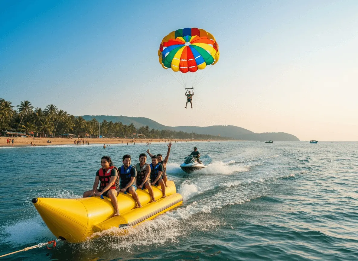 Friends on a banana boat ride with a parasail overhead in Dapoli